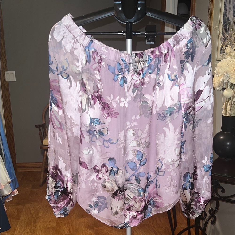 NWT White House Black Market Burnout Floral Blouse - Lavender and Blue